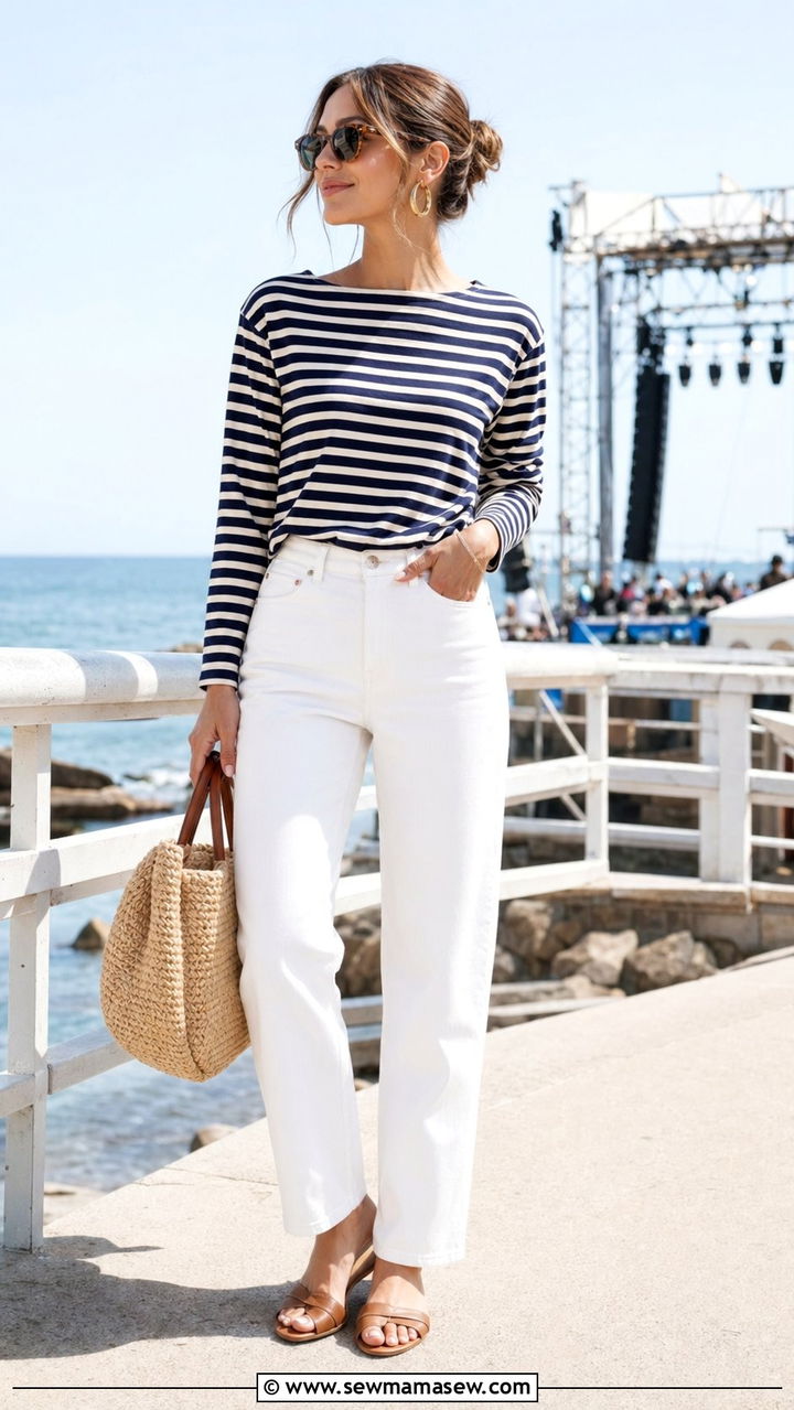 Striped Top And White Jeans For A Concert - 30 What to wear to a concert over 40