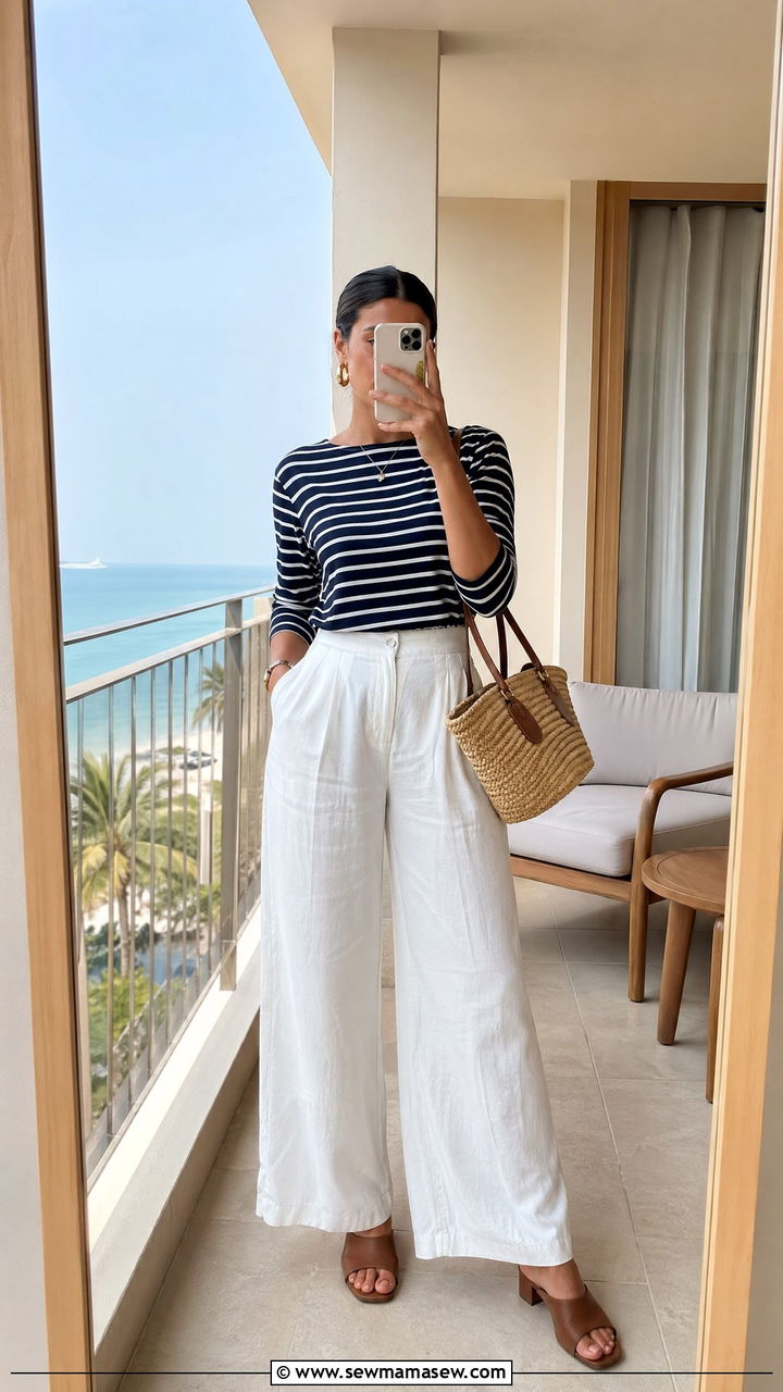 Striped Top White Linen Trousers Outfit - 35 South of France outfit ideas