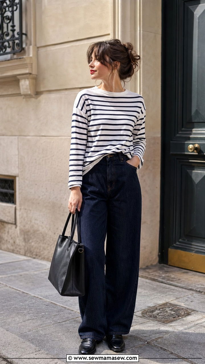 Striped Top With Baggy Jeans and Black Loafers - 30 Baggy jeans outfit ideas with loafers