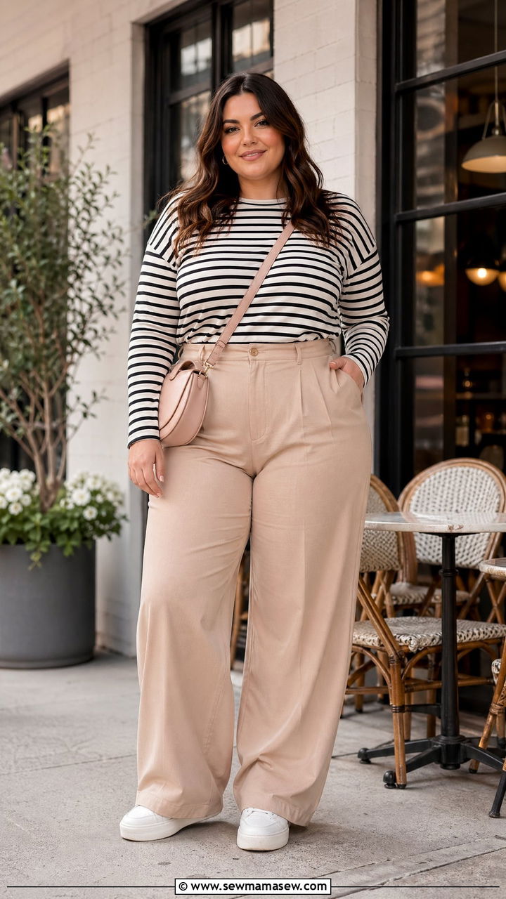 Striped Top With Beige Wide Leg Pants Outfit - 35 Spring capsule wardrobe plus size