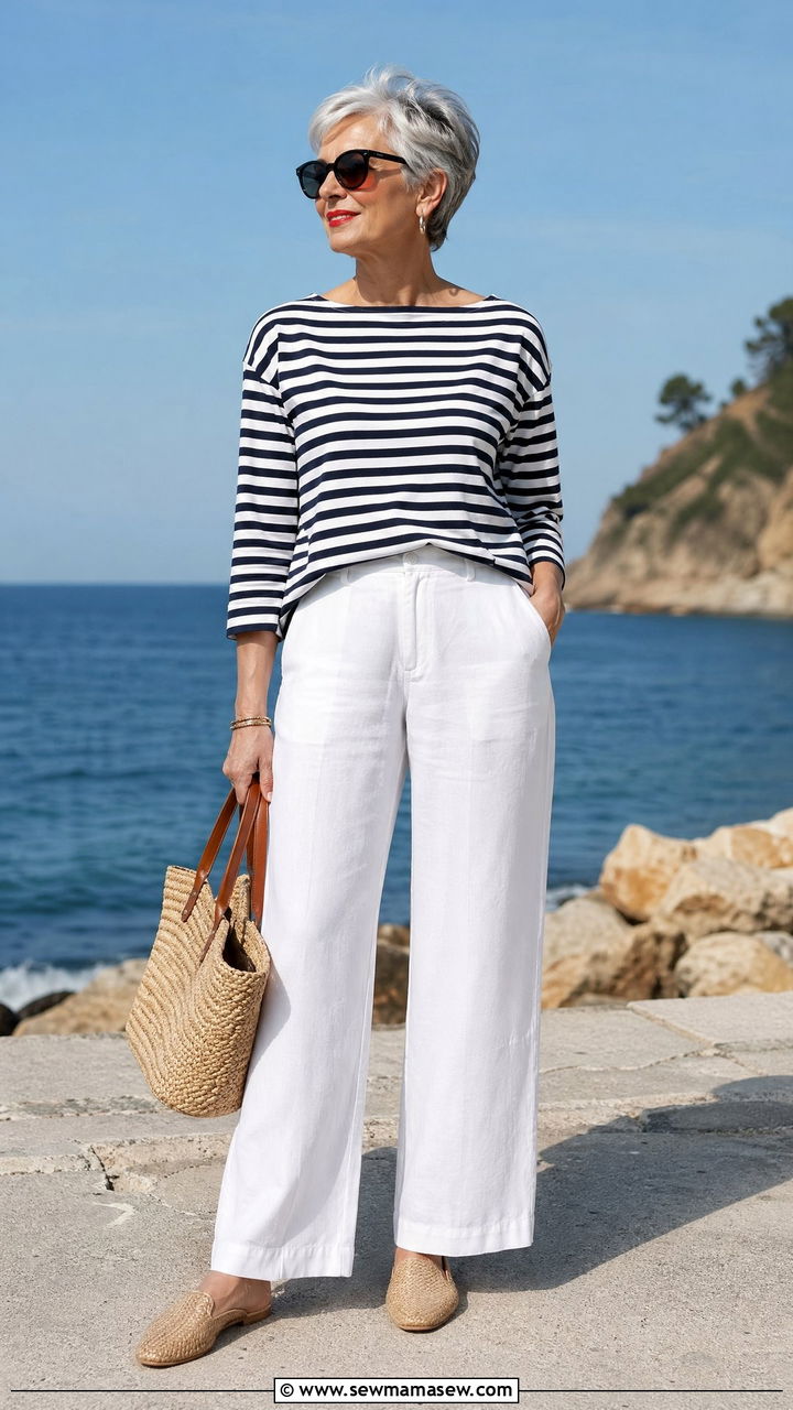 Striped Top and White Wide Leg Pants Outfit - 35 Summer outfits for women over 60