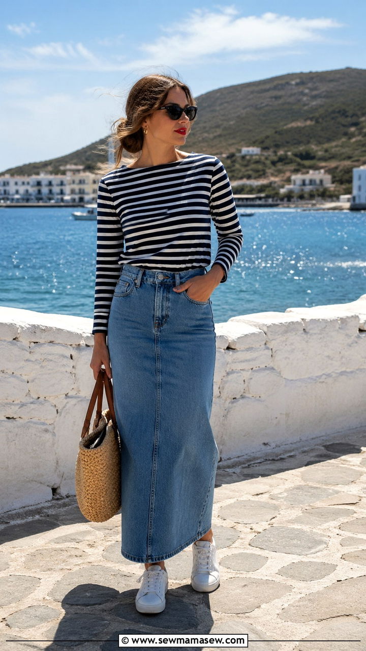 Striped Top with Denim Maxi Skirt and White Sneakers - 30 spring denim maxi skirt outfit ideas