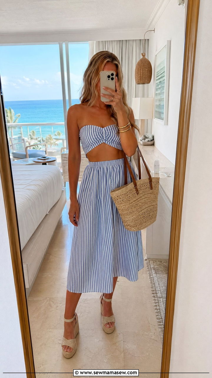 Striped Two Piece Set With Wedge Sandals - 35 vacation outfits 2026