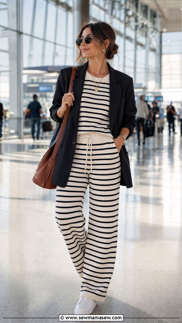 Striped Two Piece and Blazer Airport Outfit - 30 Athleisure outfit ideas airport