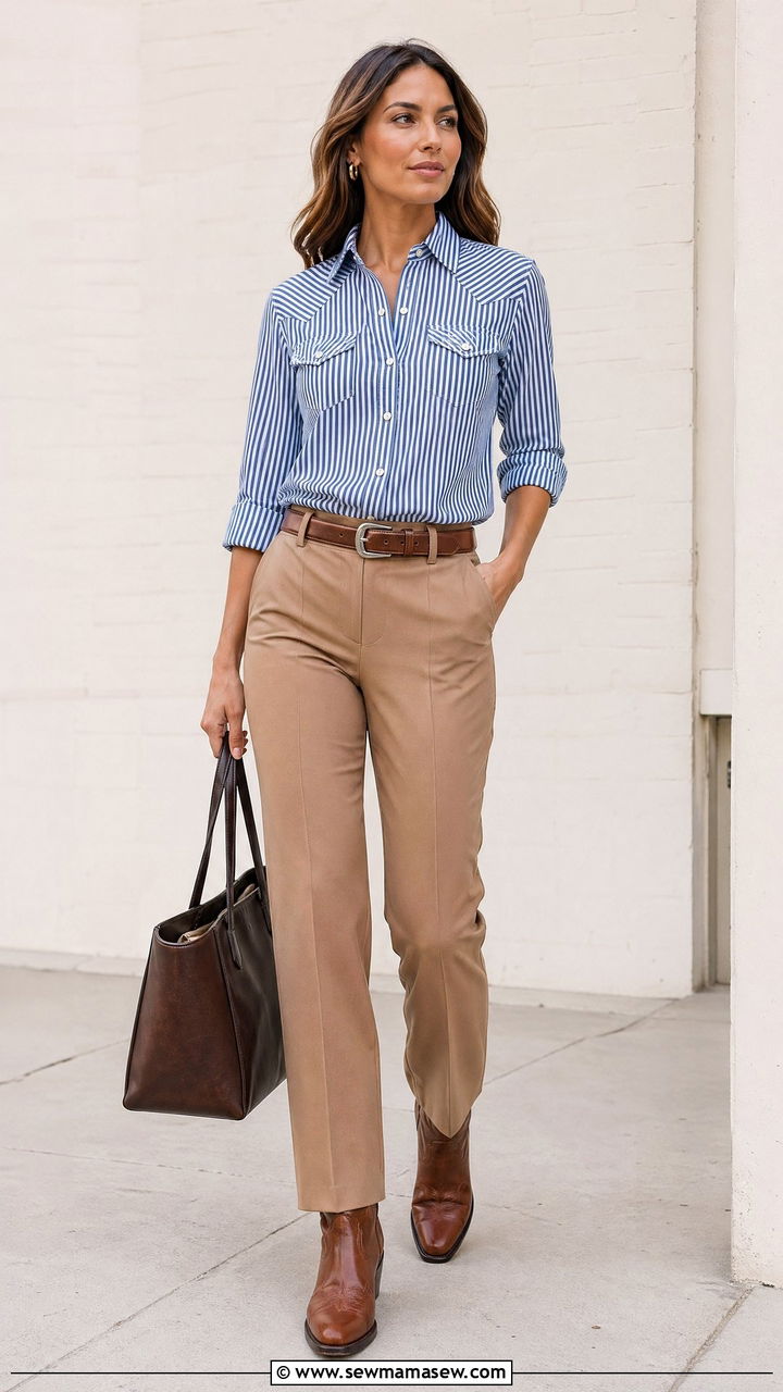 Striped Western Shirt With Tan Trousers - 35 western outfit ideas for women