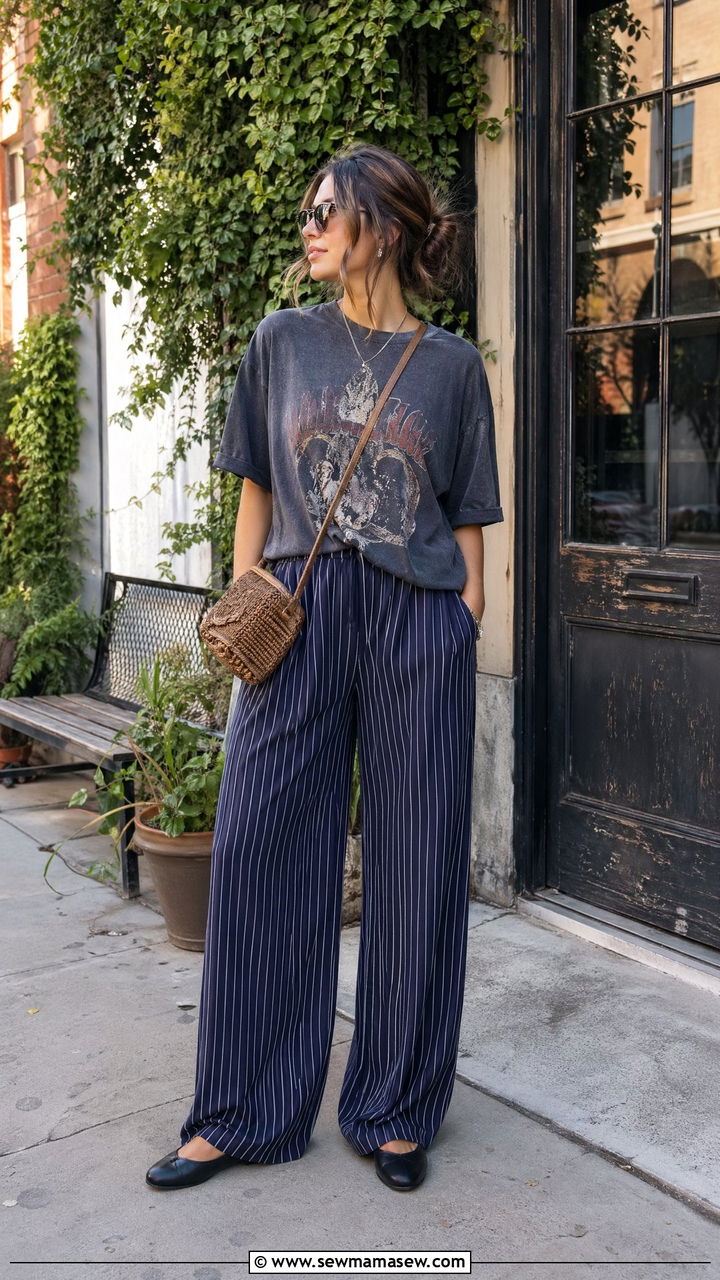 Striped Wide Leg Pants With Graphic Tee And Ballet Flats - 35 spring parisian outfits