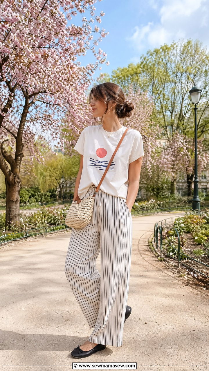 Striped Wide Leg Pants With Graphic Tee and Ballet Flats - 35 spring french girl outfit ideas
