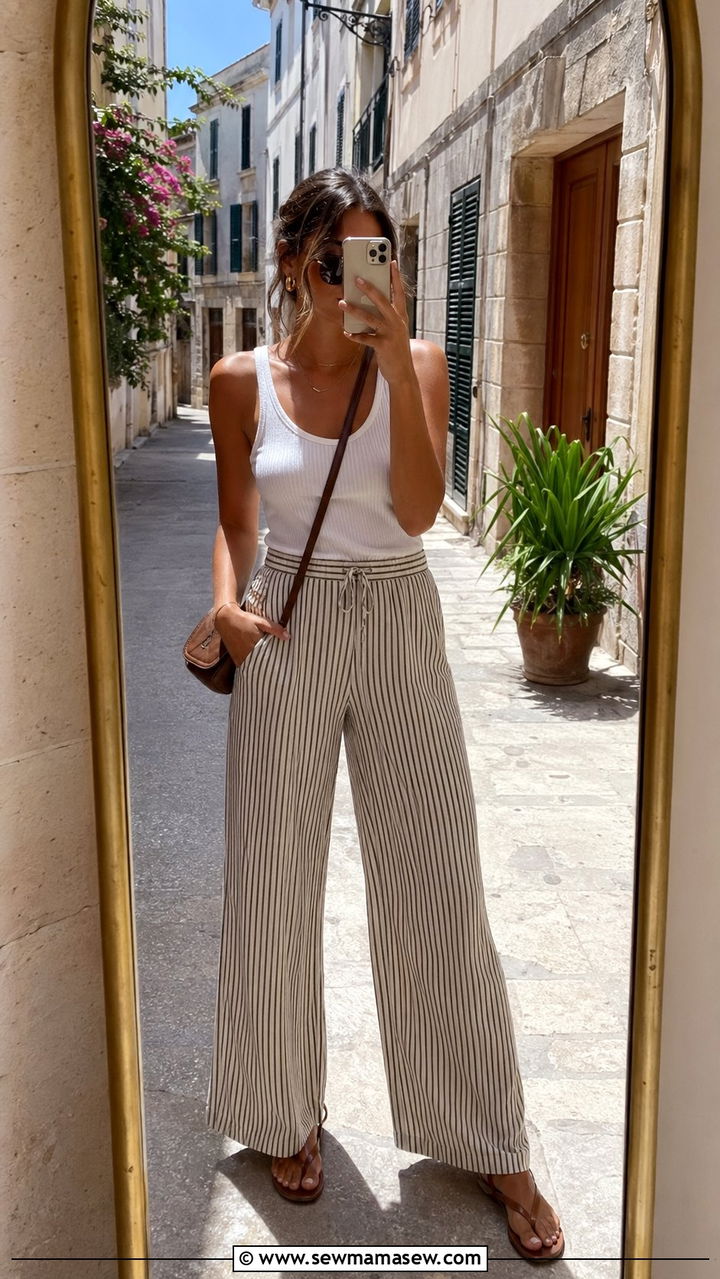 Striped Wide Leg Trousers With a Simple White Tank and Thong Sandals - 30 Wide leg trousers outfit ideas for summer