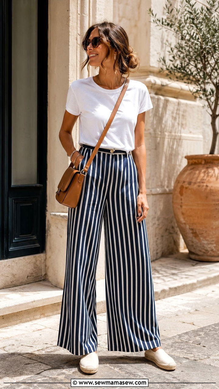 Striped Wide Leg Trousers With a White Crewneck Tee and Espadrille Flats - 30 Wide leg trousers outfit ideas for summer