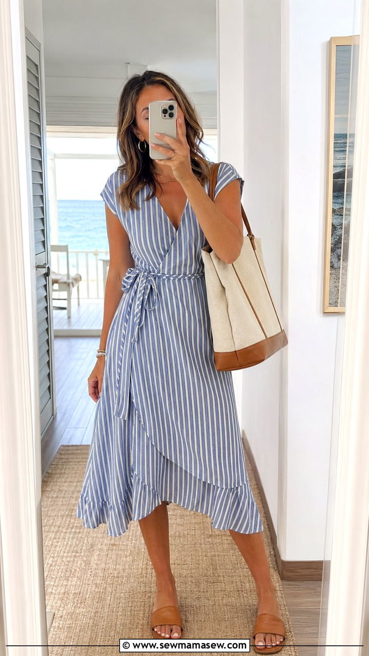 Striped Wrap Dress With Slide Sandals - 30 Wrap dress outfit ideas for summer