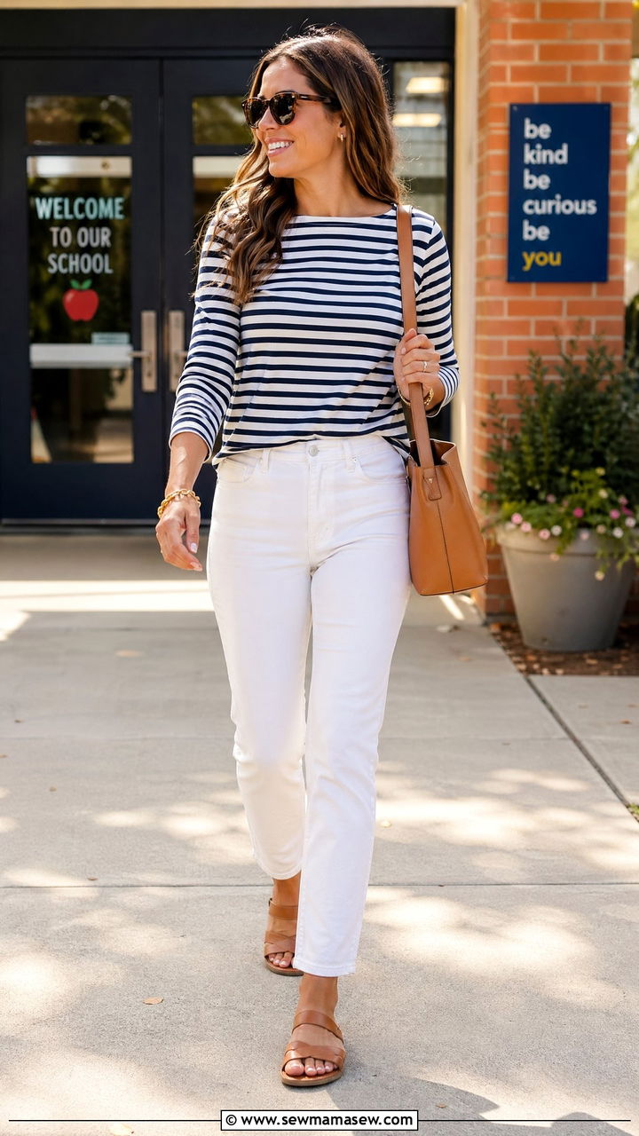 Striped boatneck top with white jeans and tan sandals - 35 Teacher outfit ideas for school