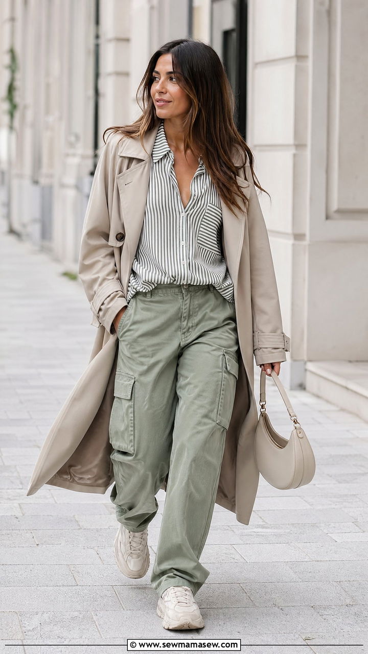 Striped button down shirt with cargo pants and trench coat - 35 transitional outfits for women