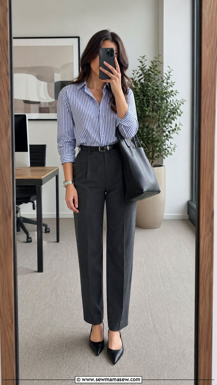 Striped button down shirt with grey trousers - 35 classy job interview outfit ideas