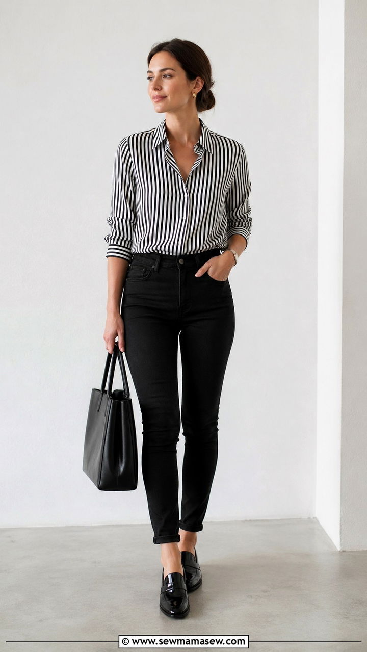 Striped button down with black skinny jeans and loafers - 30 Skinny jeans outfit ideas with a button down