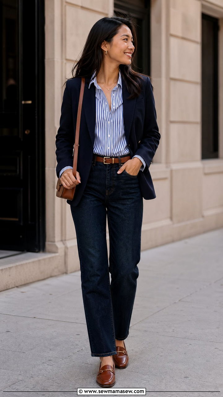 Striped button down with dark wash jeans and a navy blazer - 35 Consultant outfit ideas