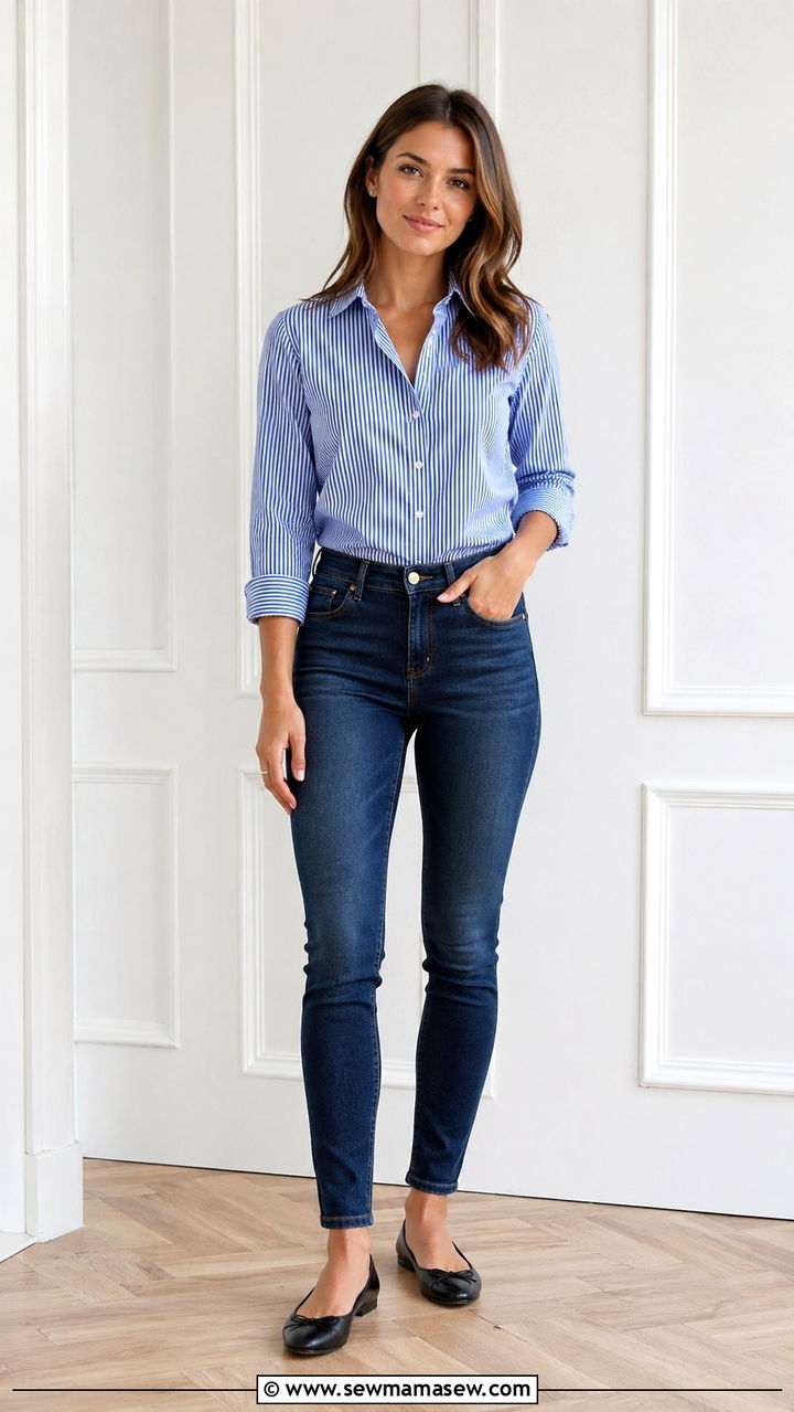 Striped button down with skinny jeans and ballet flats - 30 Skinny jeans outfit ideas with a button down