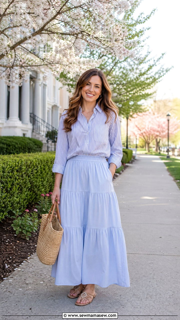Striped button down with tiered maxi skirt - 35 Teacher outfits for spring