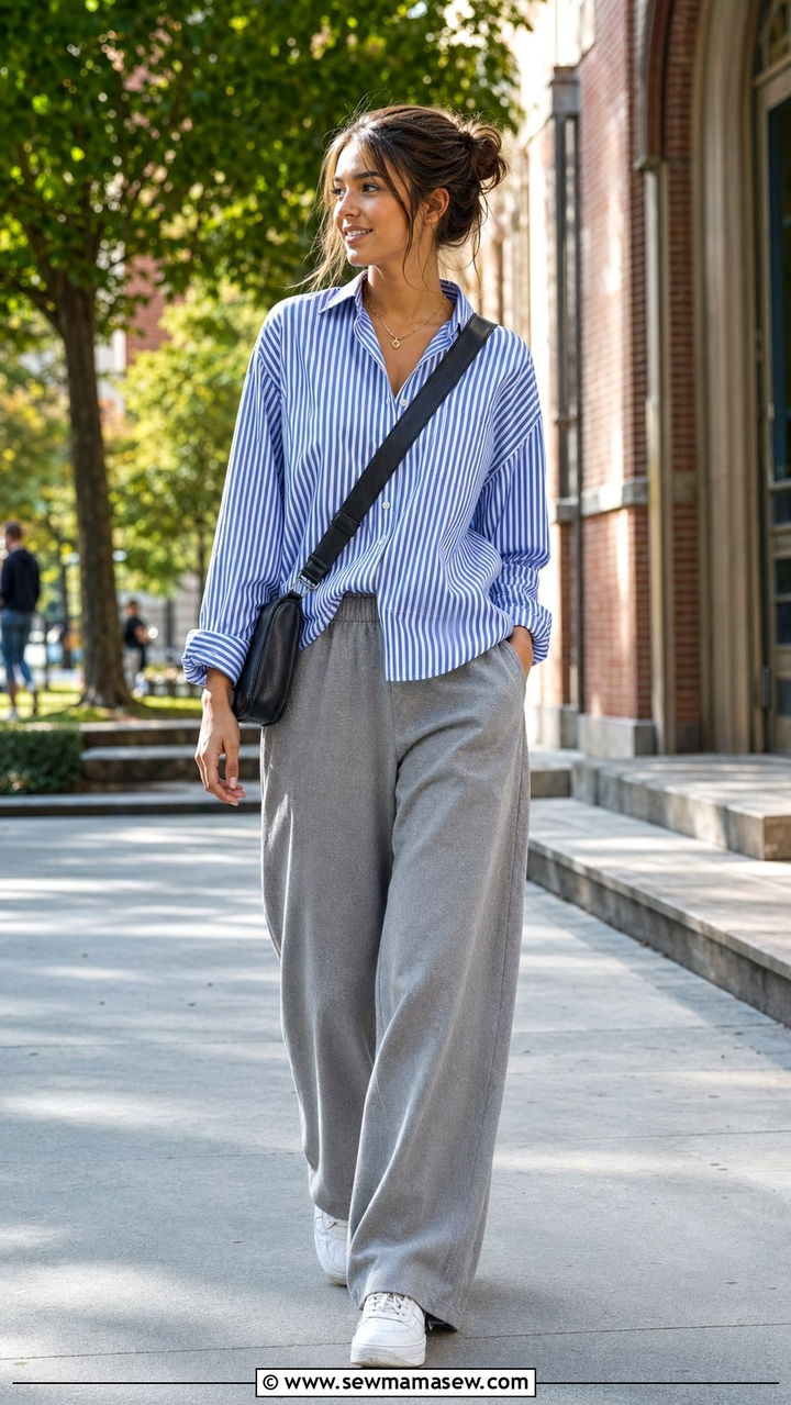 Striped button down with wide leg track pants outfit - 30 Back to school outfit ideas preppy 2026