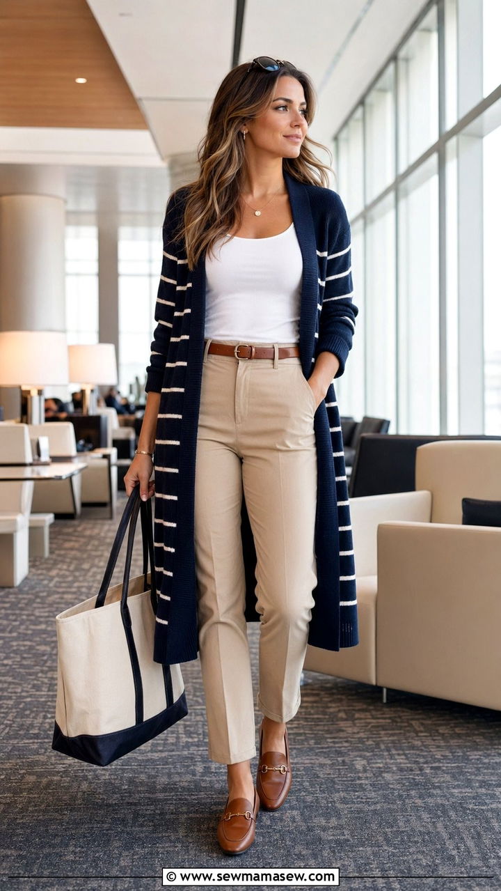 Striped cardigan and neutral chinos airport outfit - 30 Airport outfit ideas Parisian