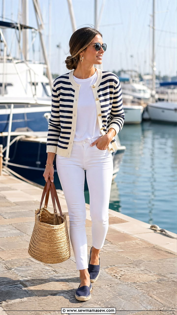 Striped cardigan and white jeans spring outfit - 35 spring clean girl outfits