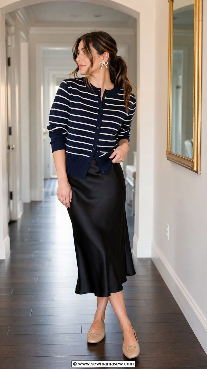Striped cardigan with satin midi skirt teacher outfit - 35 spring outfits for teachers
