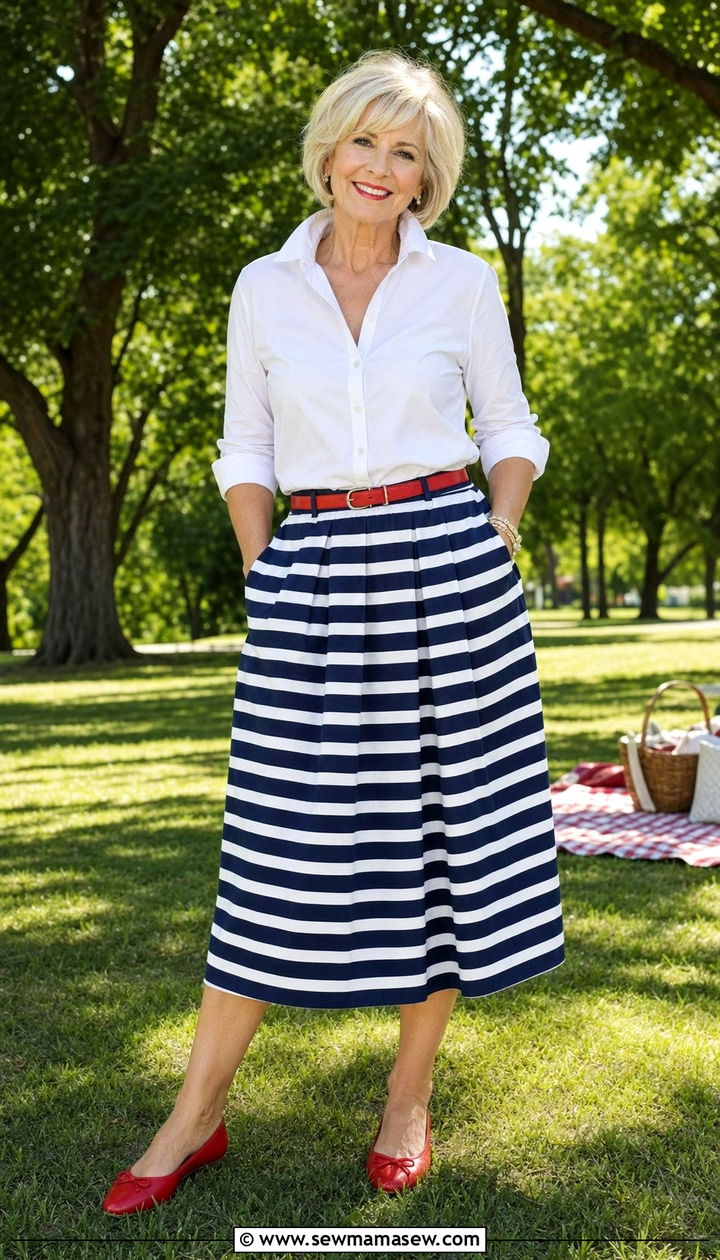 Striped cotton midi skirt with a white shirt - 30 Best skirts for women over 60
