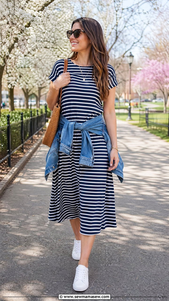 Striped dress and sneakers spring mom look - 35 Spring capsule wardrobe for moms