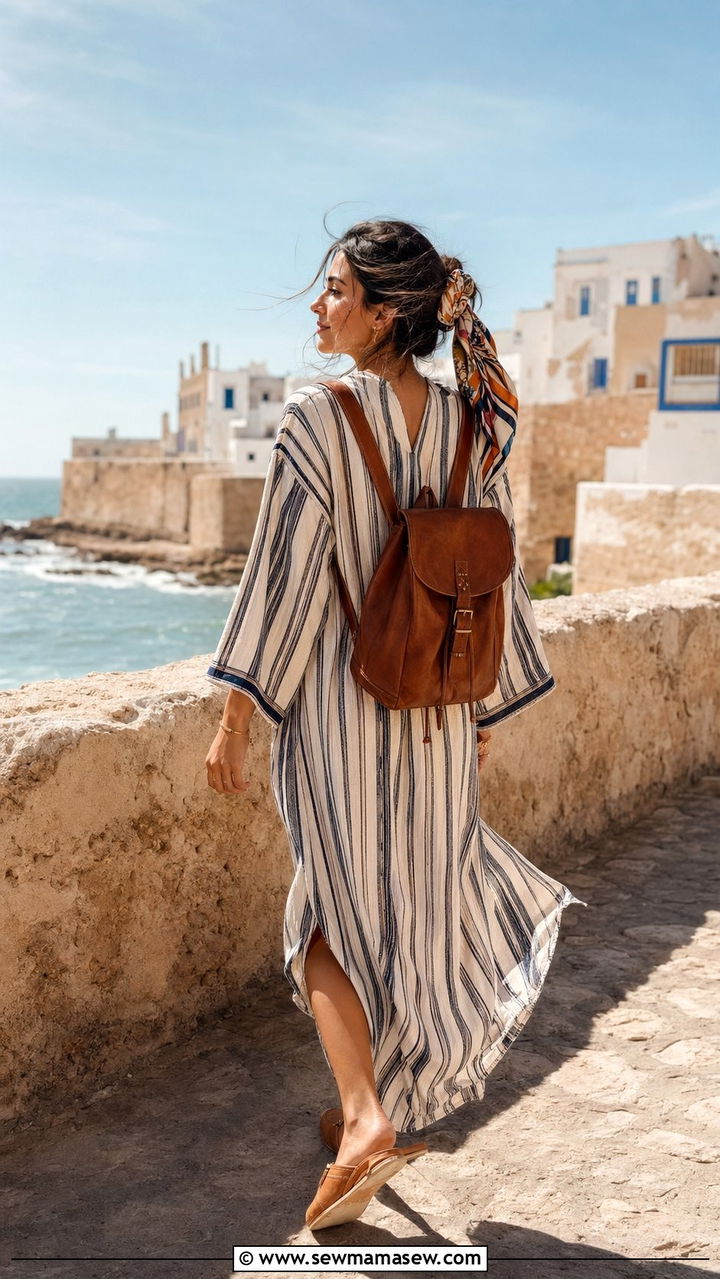 Striped kaftan with babouche slippers - 35 Morocco vacation outfit ideas
