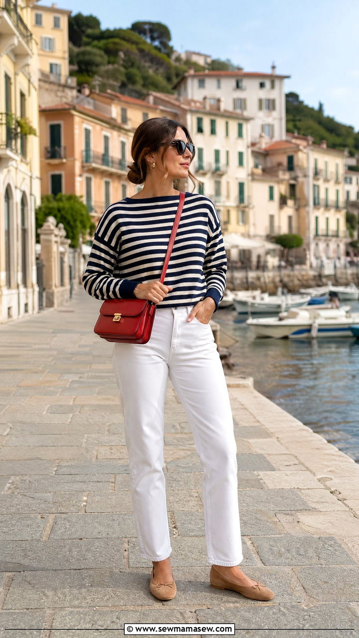Striped knit and white jeans outfit - 35 Clean girl spring outfits