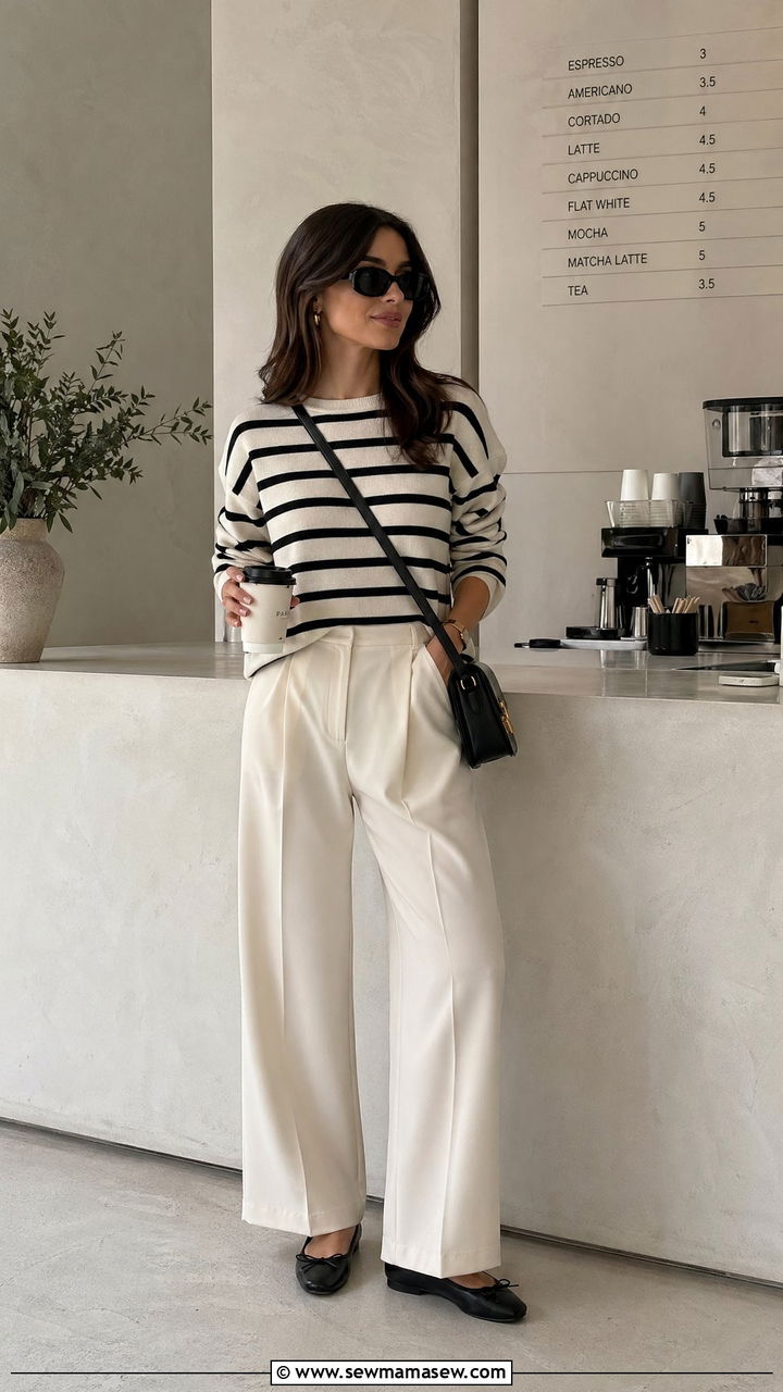 Striped knit and wide leg trousers outfit - 35 Spring errands outfit ideas