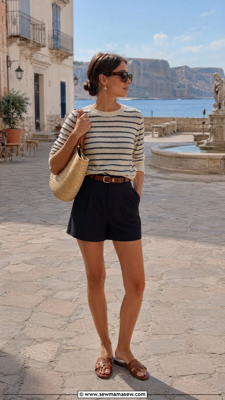 Striped knit crewneck with tailored shorts and sandals - 35 transitional french girl outfit ideas