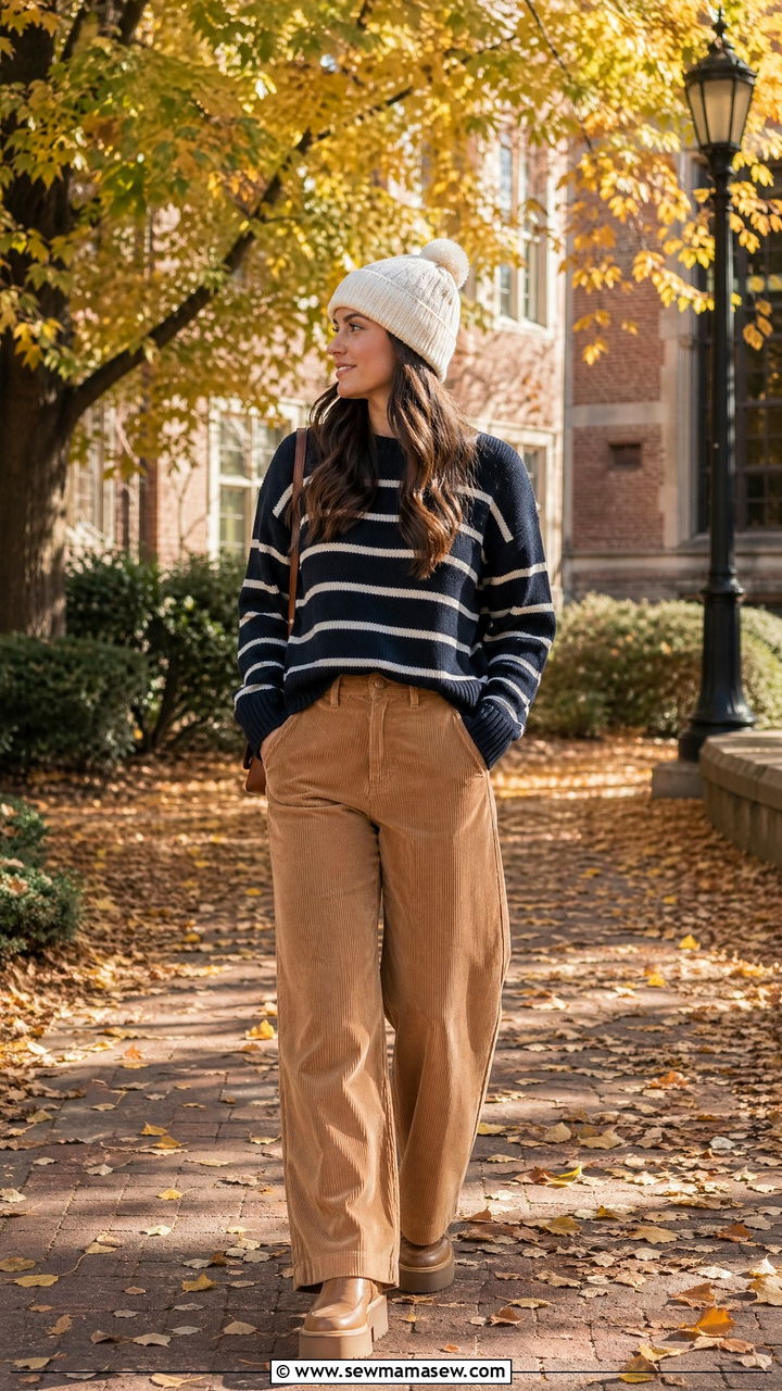 Striped knit sweater and corduroy pants outfit - 35 College campus outfit ideas