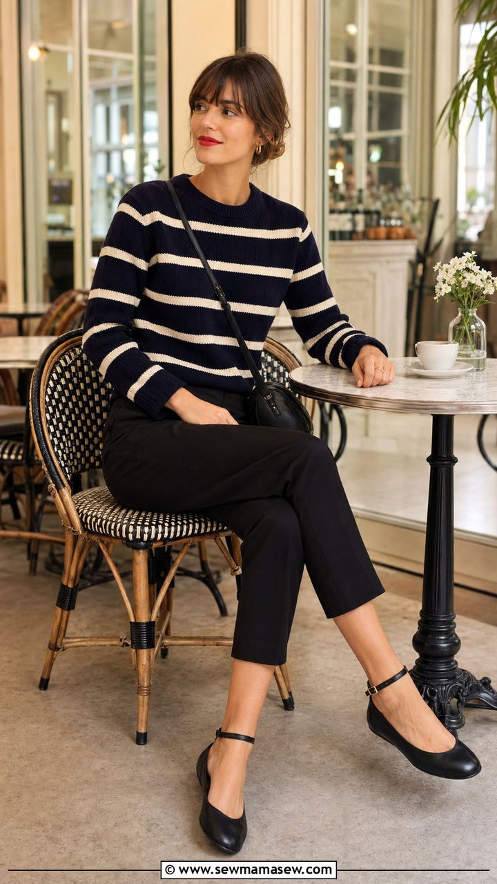 Striped knit sweater with cigarette trousers and ballet flats - 35 Parisian cafe outfit ideas