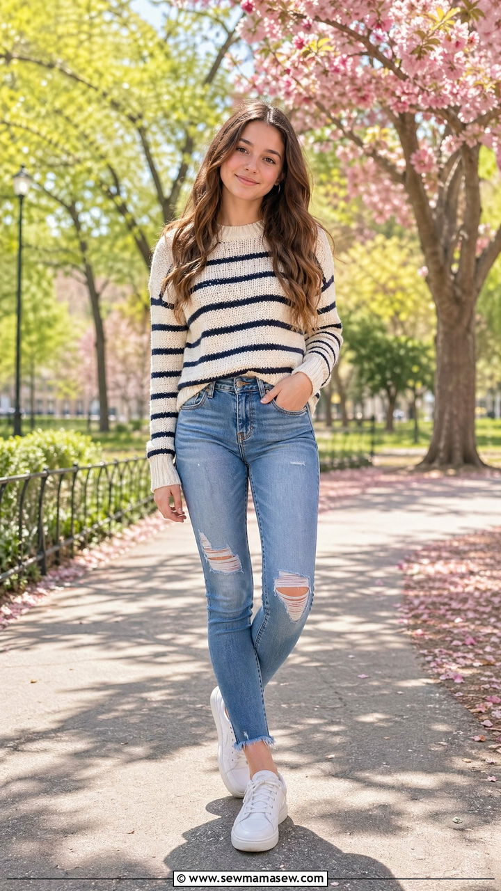 Striped knit sweater with ripped skinny jeans and white sneakers - 35 Spring outfits for teens