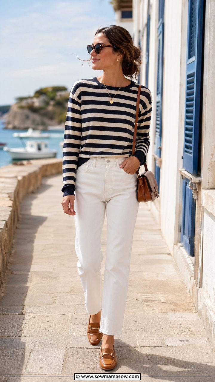 Striped knit sweater with white jeans - 35 spring smart casual outfit ideas