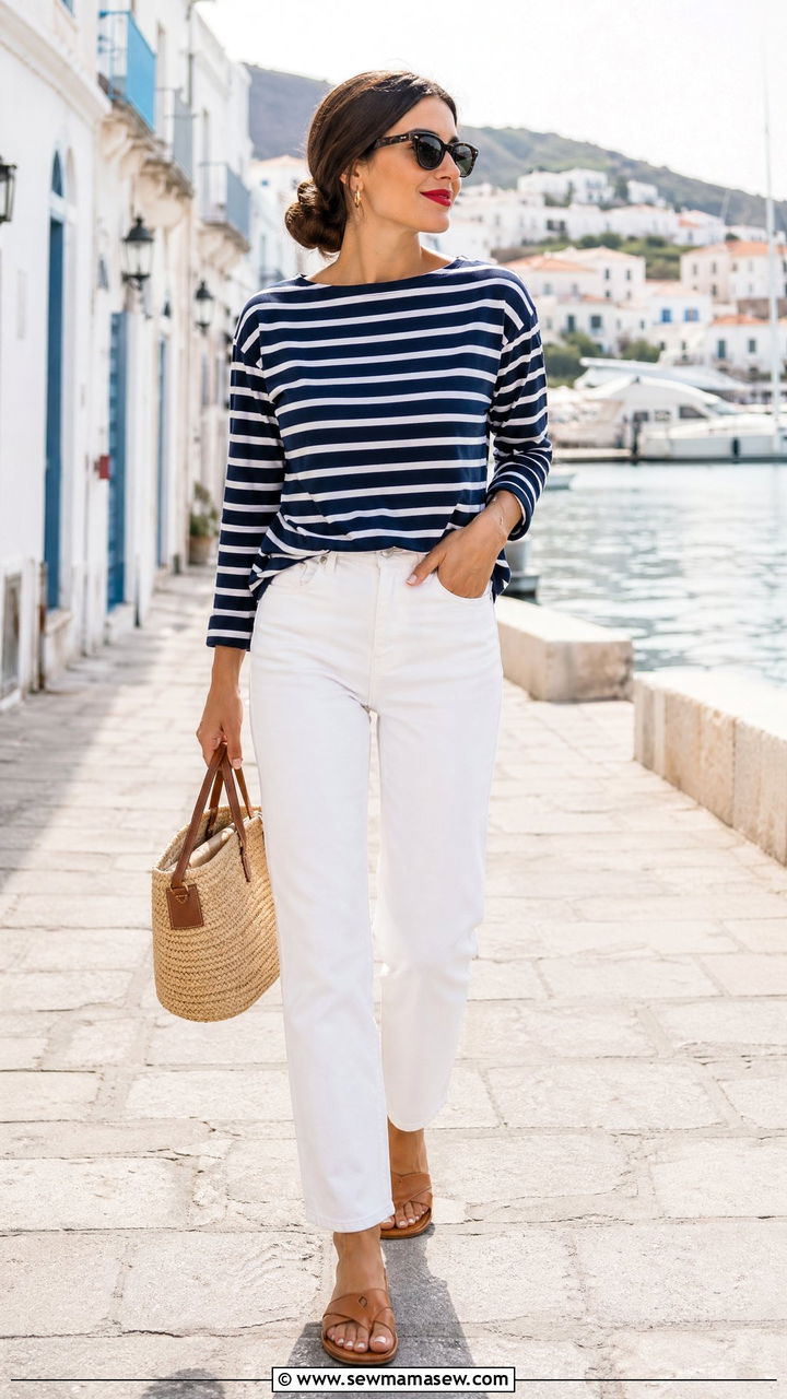 Striped knit top with white jeans - 35 Weekend getaway outfit ideas