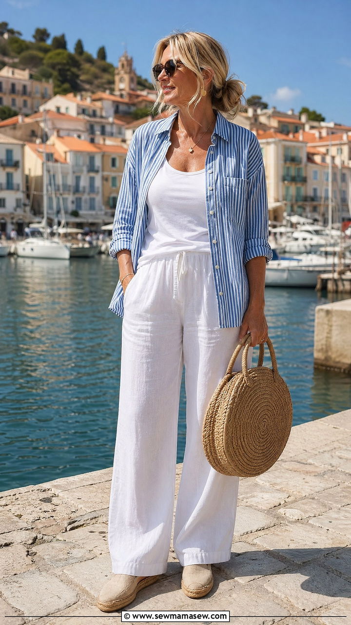 Striped linen shirt with wide leg white trousers and rope soled espadrilles - 35 Coastal grandmother outfit ideas