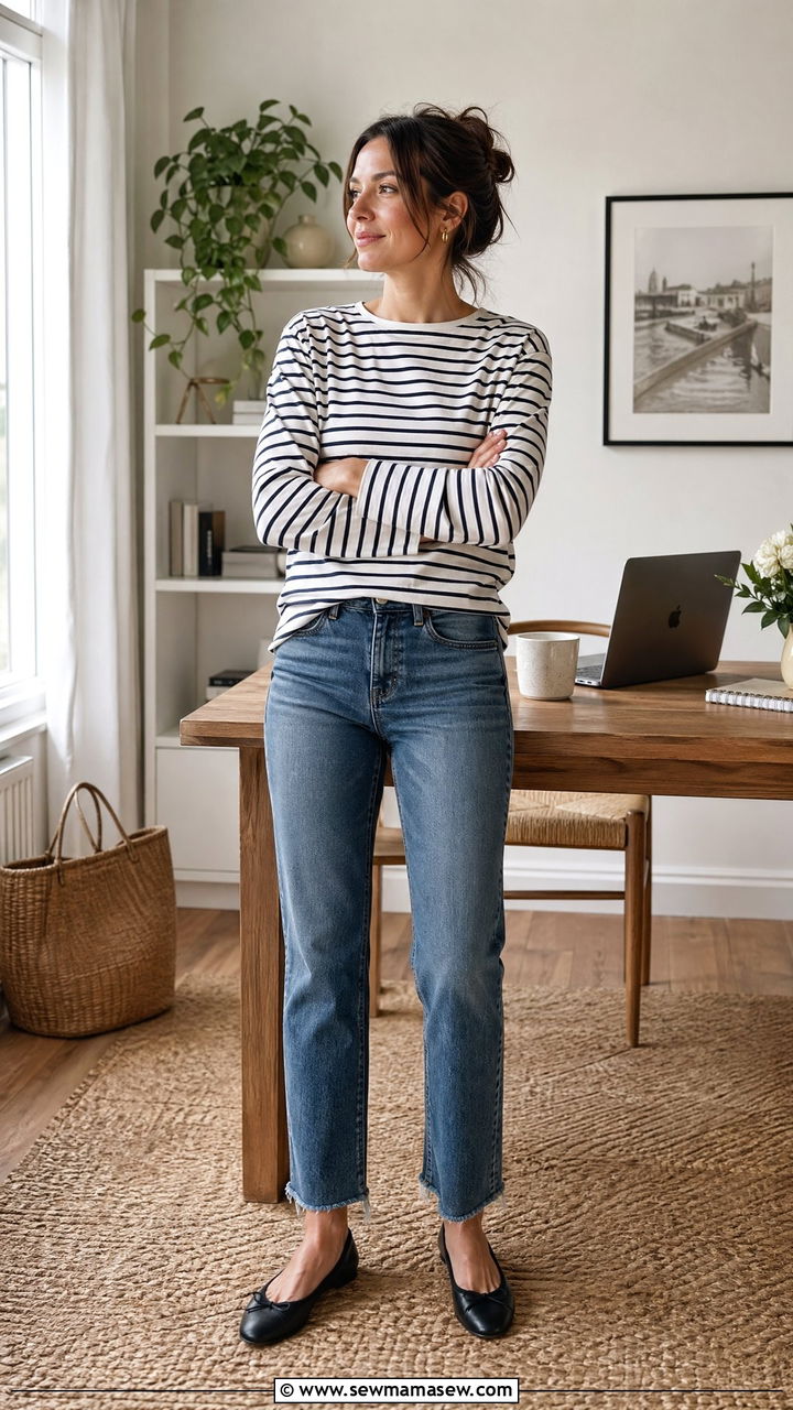 Striped long sleeve tee and straight leg jeans outfit - 35 Work from home outfits for moms