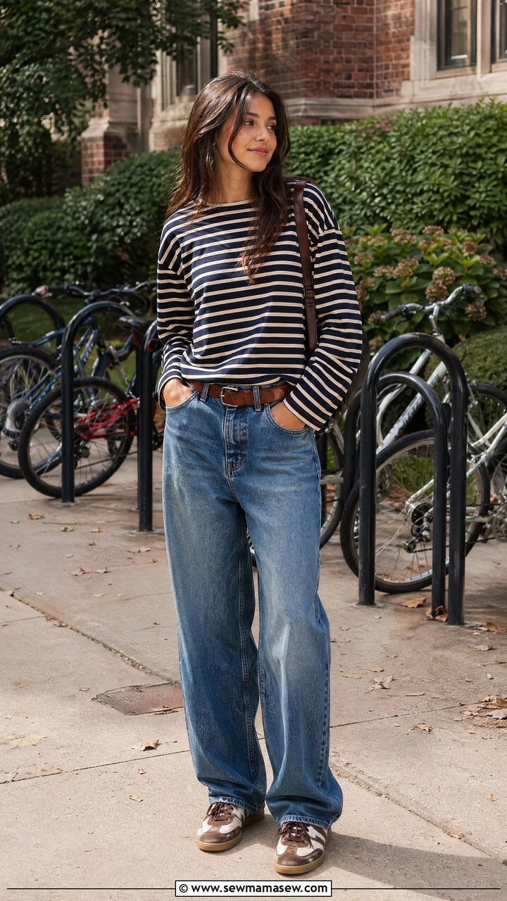 Striped long sleeve tee with baggy jeans and retro trainers - 35 cute college outfits