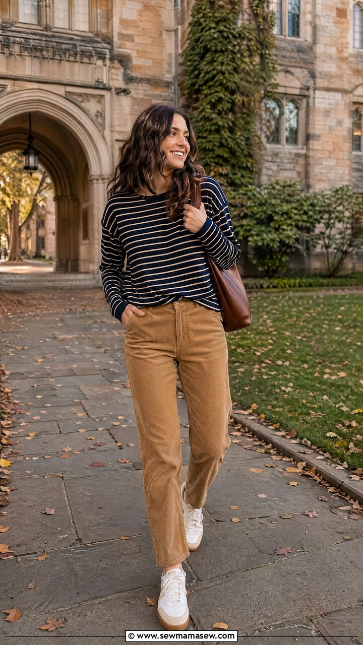 Striped long sleeve tee with corduroy pants and retro sneakers - 35 Transitional wardrobe ideas