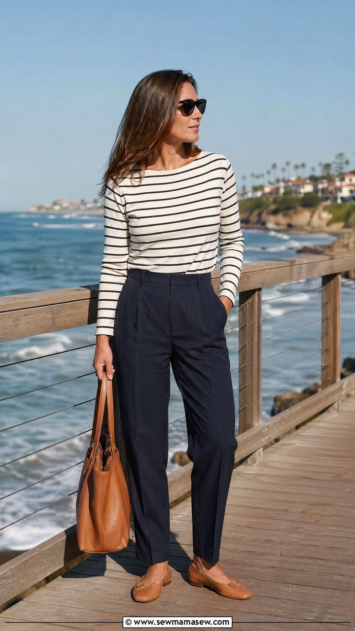 Striped long sleeve top with navy trousers - 35 Stealth wealth outfit ideas