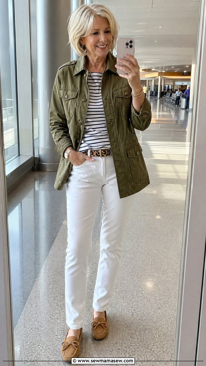 Striped longsleeve tee with olive utility jacket and white jeans - 35 Travel outfit ideas for women over 50