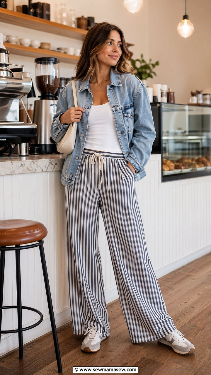 Striped lounge pants with denim jacket outfit - 35 spring comfy outfit ideas