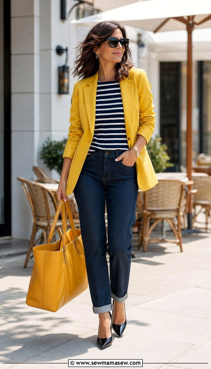 Striped nautical top with yellow blazer and cuffed dark jeans - 30 Age appropriate outfit ideas