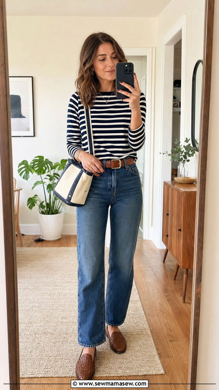 Striped shirt and straight leg jeans casual - 35 Outfit ideas for women in their 30s