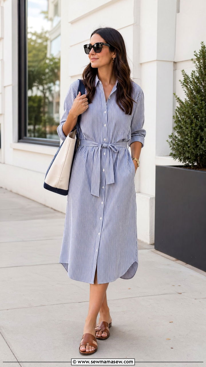 Striped shirt dress with flat slides - 35 summer outfits for moms
