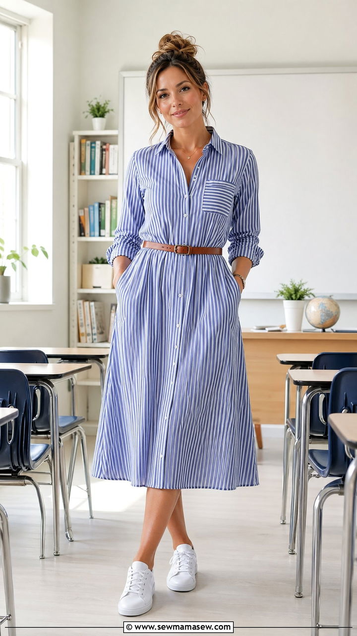 Striped shirt dress with leather belt and white sneakers - 35 spring teacher outfit ideas