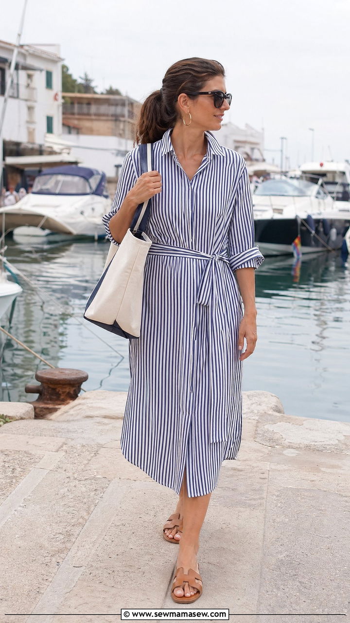 Striped shirt dress with leather sandals - 35 summer travel outfit ideas