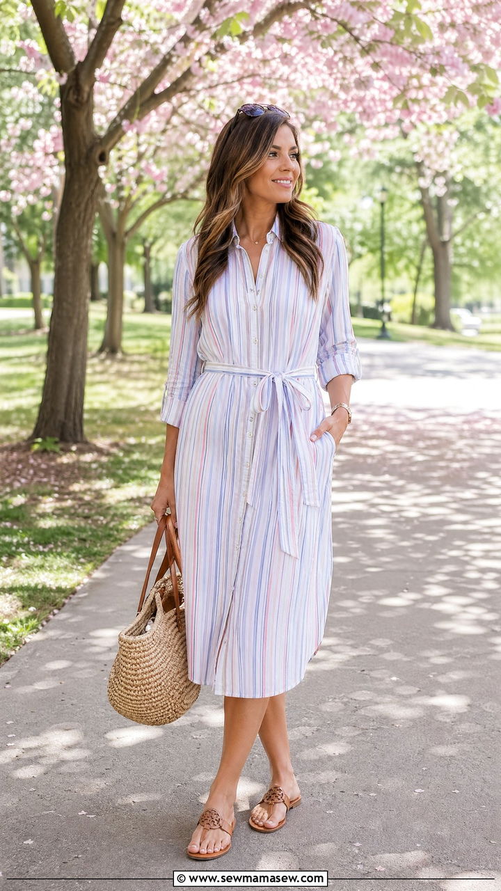 Striped shirt dress with sandals - 35 spring outfits for new moms