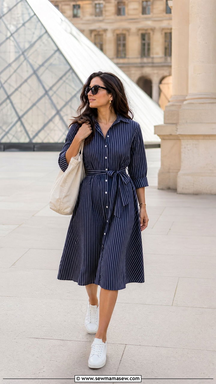 Striped shirt dress with white sneakers - 35 Summer Paris outfit ideas